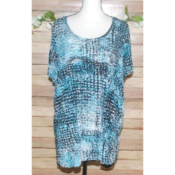 Woman Within Knit Top Short Sleeve Stretch Size 1X 22W 24W Aqua & Black Print - Picture 1 of 11